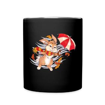 Niedlicher Hase im Herbst mit Regenschirm - Tasse einfarbig - Schwarz - Vorne