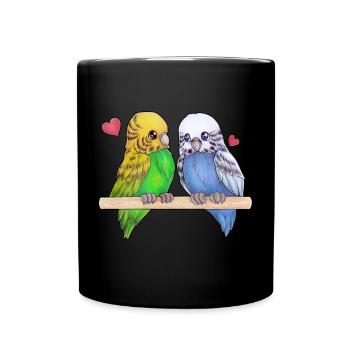 Niedlicher Wellensittich Pärchen mit Herzen - Tasse einfarbig - Schwarz - Vorne