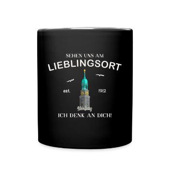 Ich denk an dich, Lieblingsort, Hamburger Michel - Tasse einfarbig - Schwarz - Vorne