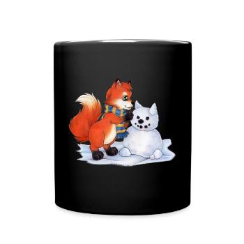 Niedlicher Winter Fuchs mit Schneemann Geschenk - Tasse einfarbig - Schwarz - Vorne