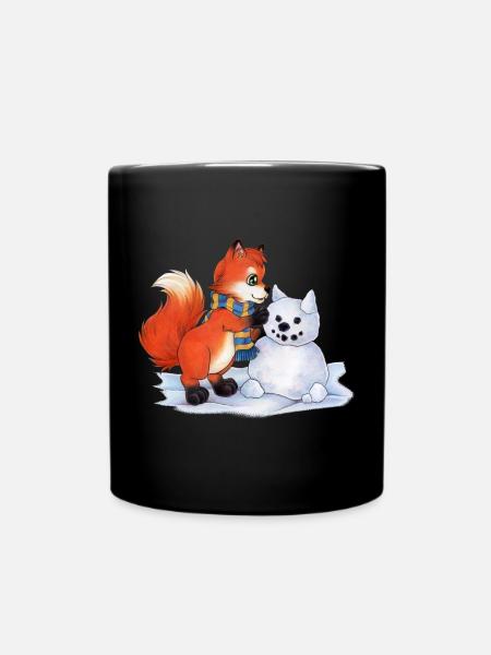 Niedlicher Winter Fuchs mit Schneemann Geschenk - Tasse einfarbig - Schwarz