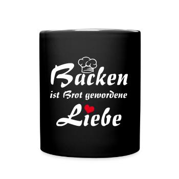 Backen ist Liebe mit Bäckermütze und Herz - Tasse einfarbig - Schwarz - Vorne