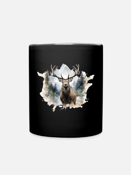 Watercolor deer in the forest - Full Colour Mug - black