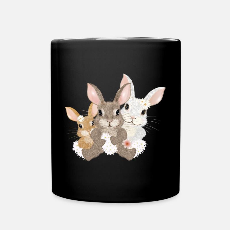 niedliche Hasen Familie - drei Hasen mit Blüten - Tasse einfarbig - Schwarz