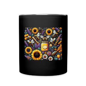 Lebhaftes, farbenfrohes Kunstwerk mit Bienen - Tasse einfarbig - Schwarz - Vorne