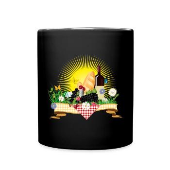 Sommerliches Picknick mit Wein, Brot und Früchten - Tasse einfarbig - Schwarz - Vorne