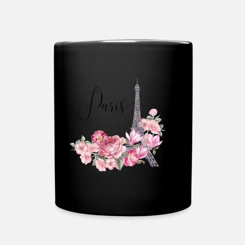"Romantic Eiffel Tower Drawing with Flowers Paris - Full Colour Mug - black