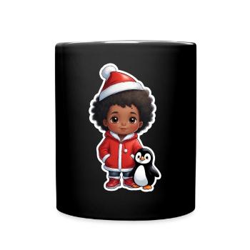 Boy with Santa hat and penguin - Full Colour Mug - black - Front