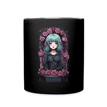 Victorian gothic anime egirl with roses - Full Colour Mug - black - Front