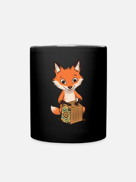 Fox plays cajon instrument as a gift - Full Colour Mug - black