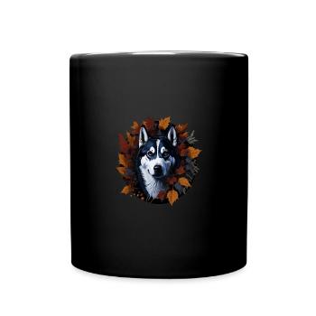 Chien husky sibérien dans les feuilles d’automne - Mug uni - noir - Devant