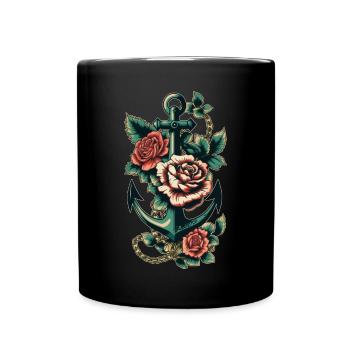 Anker mit Rosen Tattoo - Nautisch Wasser Schiff - Tasse einfarbig - Schwarz - Vorne