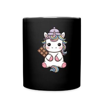 Süßes Kawaii Einhorn mit Schokolade - Tasse einfarbig - Schwarz - Vorne