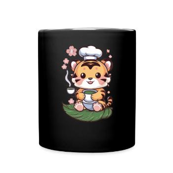 Tiger im Cartoon Stil mit grünem Tee - Tasse einfarbig - Schwarz - Vorne