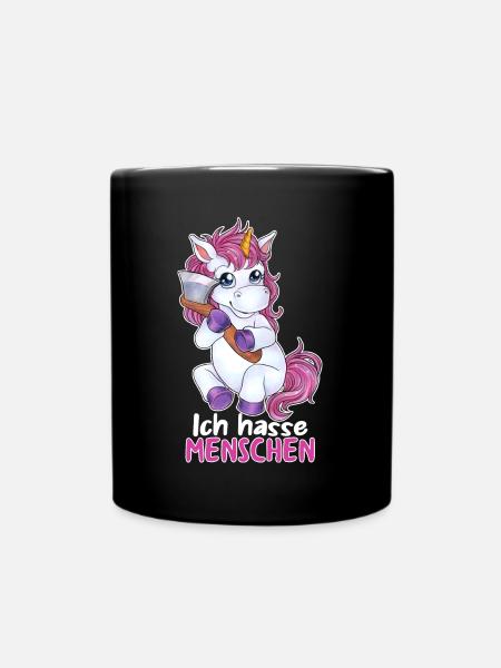Ich hasse Menschen niedliches Einhorn mit Axt - Tasse einfarbig - Schwarz