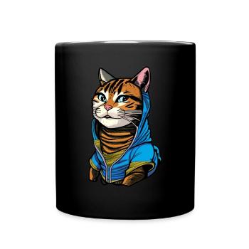Cool illustration of a cat with hoodie - Full Colour Mug - black - Front