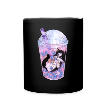 Lustige Katze schwimmt in Bubble Tea Geschenkidee - Tasse einfarbig - Schwarz - Vorne