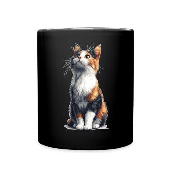 Bunte sitzende Comic Katze - Tasse einfarbig - Schwarz - Vorne
