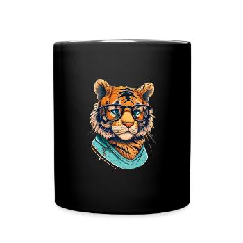 Tiger als Nerd mit Buch - Tasse einfarbig - Schwarz - Vorne