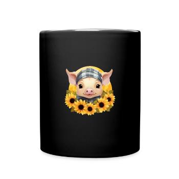Pig with sunflower wreath and bandana, - Full Colour Mug - black - Front