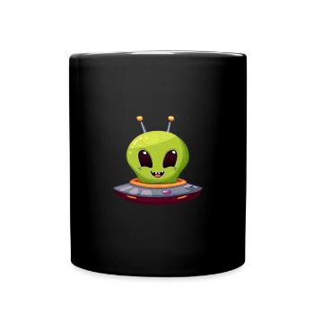 UFO-Landung: Der grüne Alien und sein Raumschiff - Tasse einfarbig - Schwarz - Vorne