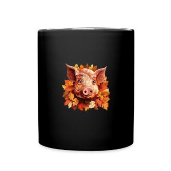 Schweingesicht im bunten Herbstlaub - Tasse einfarbig - Schwarz - Vorne
