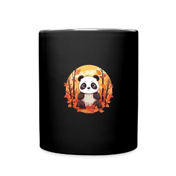 Panda im Herbstlaub: Sunset & Blätter - Tasse einfarbig - Schwarz - Vorne