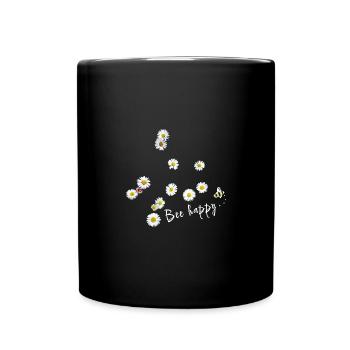 Bee happy, bee, daisy, flowers - Full Colour Mug - black - Front