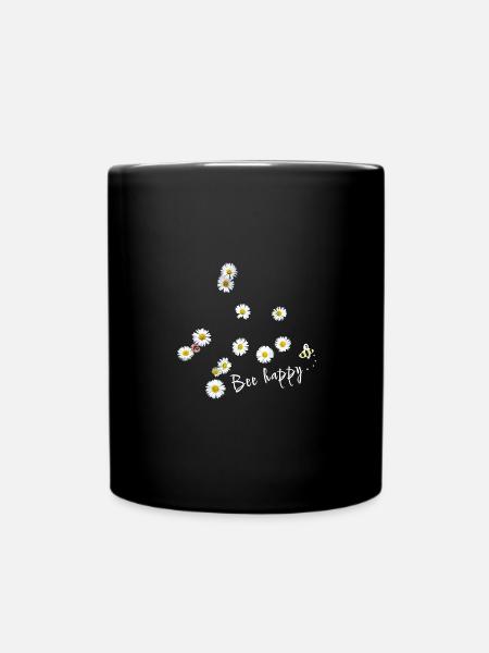 Bee happy, Biene,Gänseblümchen,Blumen - Tasse einfarbig - Schwarz