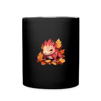 Herbst-Axolotl: Bunte Blätter und Drachen-Motiv in - Tasse einfarbig - Schwarz - Vorne