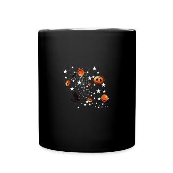 Halloween, Kürbis, Sterne, schwarze Katze - Tasse einfarbig - Schwarz - Vorne