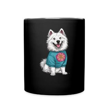 Samojede Spitz im Cartoonstil mit schönen Blumen - Tasse einfarbig - Schwarz - Vorne