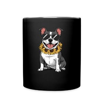 Staffordshire Bull Terrier mit Sonnenblumen - Tasse einfarbig - Schwarz - Vorne