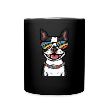 Mignon dessin animé Boston terrier avec des lunettes de soleil - Mug uni - noir - Devant