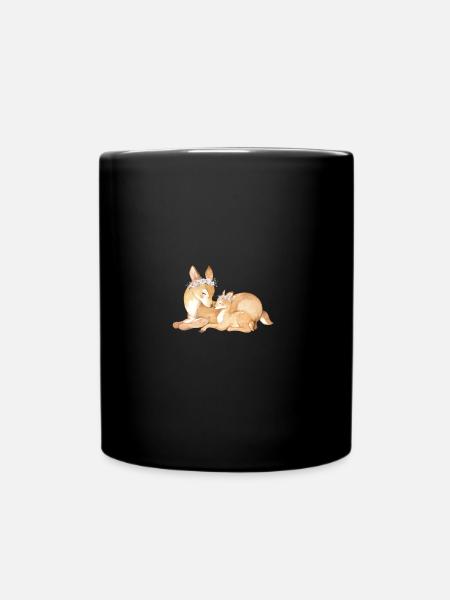 Cerf mère et enfant avec couronne de fleurs - Mug uni - noir
