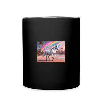 Unicorn on a magical beach with rainbow - Full Colour Mug - black - Front