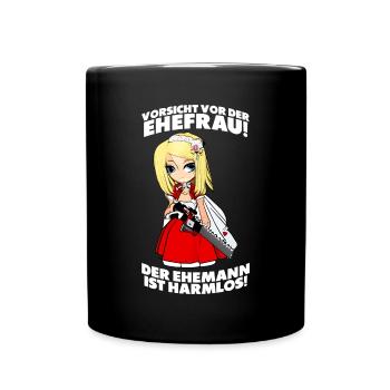 Vorsicht vor der Ehefrau - Lustiger JGA Spruch - Tasse einfarbig - Schwarz - Vorne