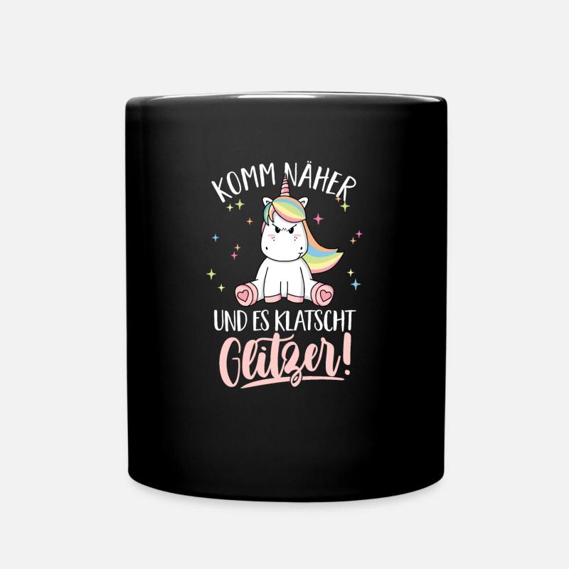 Komm näher und es klatscht Glitzer Einhorn Spruch - Tasse einfarbig - Schwarz
