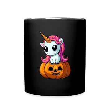 Cute Halloween unicorn with pumpkin - Full Colour Mug - black - Front