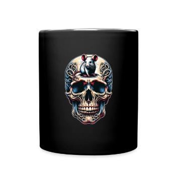 Bunter Skull mit süßer kleiner Maus auf der Stirn - Tasse einfarbig - Schwarz - Vorne