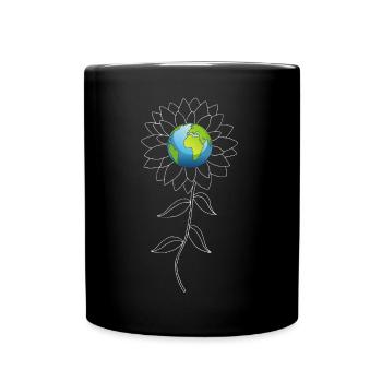 Planet Erde und weiße Sonnenblume - Tasse einfarbig - Schwarz - Vorne