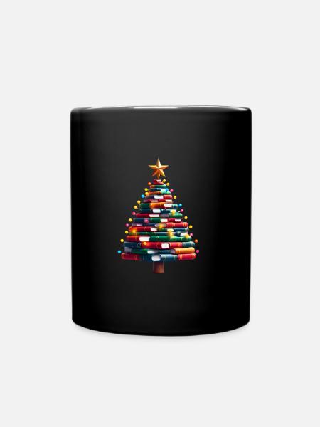 Bücher-Weihnachtsbaum mit Stern und Licht - Tasse einfarbig - Schwarz