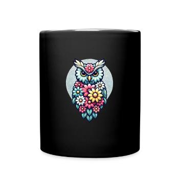 Bunte Blumen Eule - Tasse einfarbig - Schwarz - Vorne