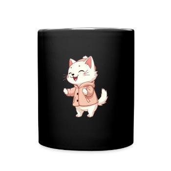 Süße weiße Katze mit Jacke und Mütze im Winterlook - Tasse einfarbig - Schwarz - Vorne