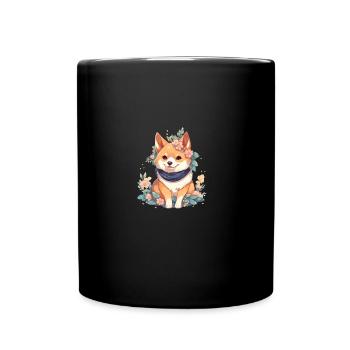 japanisch Hund Shiba Inu Junge mit Blumen Halstuch - Tasse einfarbig - Schwarz - Vorne