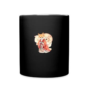 japanisch Hund Shiba Inu im Kimono mit Blumen - Tasse einfarbig - Schwarz - Vorne