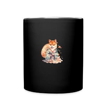 japanisch Hund Shiba Inu im Kimono mit Blumen - Tasse einfarbig - Schwarz - Vorne