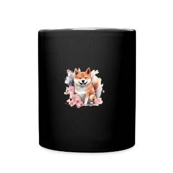 Japanese dog Shiba Inu cherry blossom watercolor - Full Colour Mug - black - Front