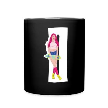 Red-haired skater with skateboard - Full Colour Mug - black - Front