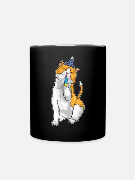 Katze Geburtstag Tröte - Tasse einfarbig - Schwarz